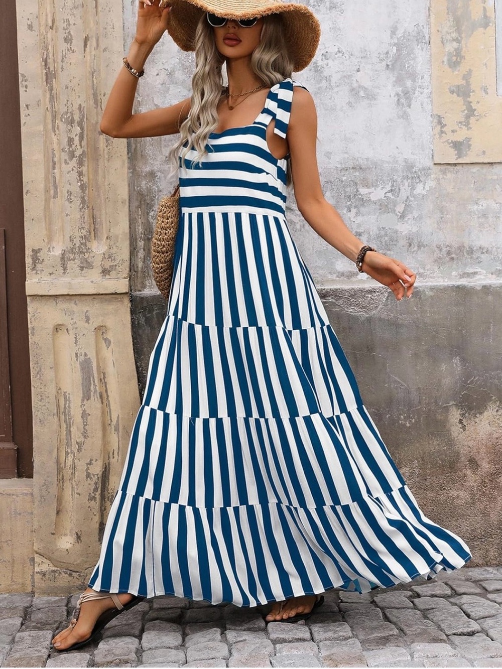 #89 Pretty Garden Striped Blue and White Tie-Shoulder Maxi Dress - Picture 2 of 8